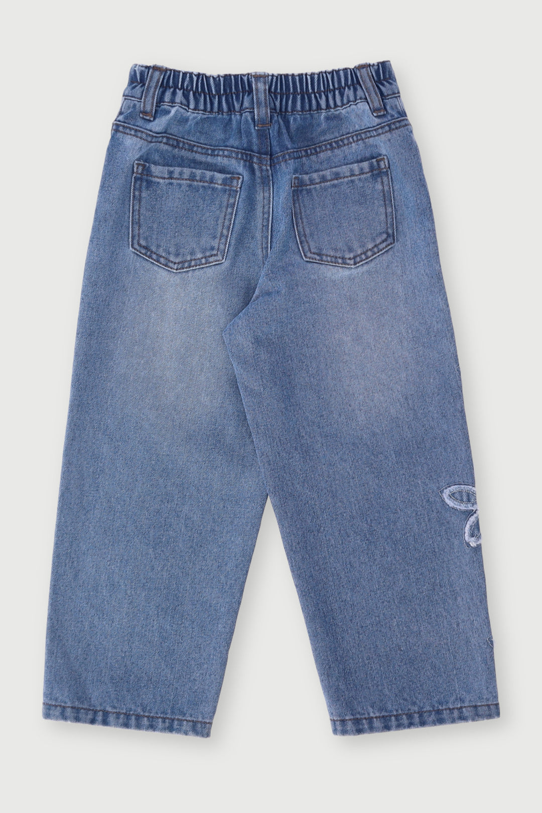 Pre-Girls Flower Applique Denim - Mid Blue