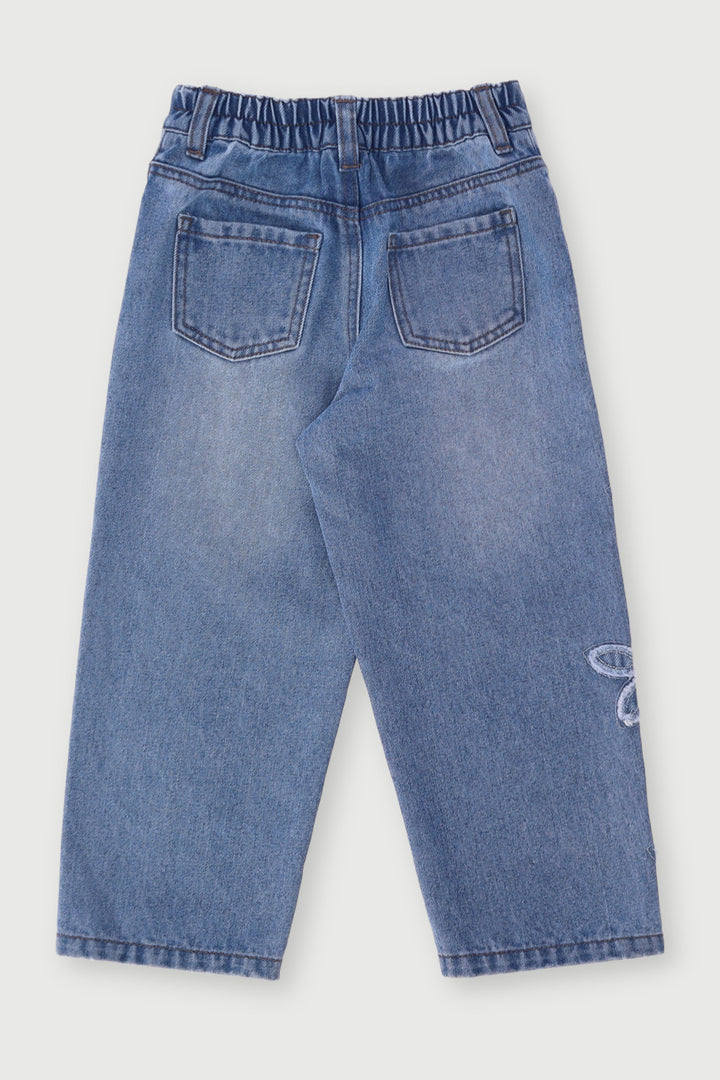 Pre-Girls Flower Applique Denim - Mid Blue