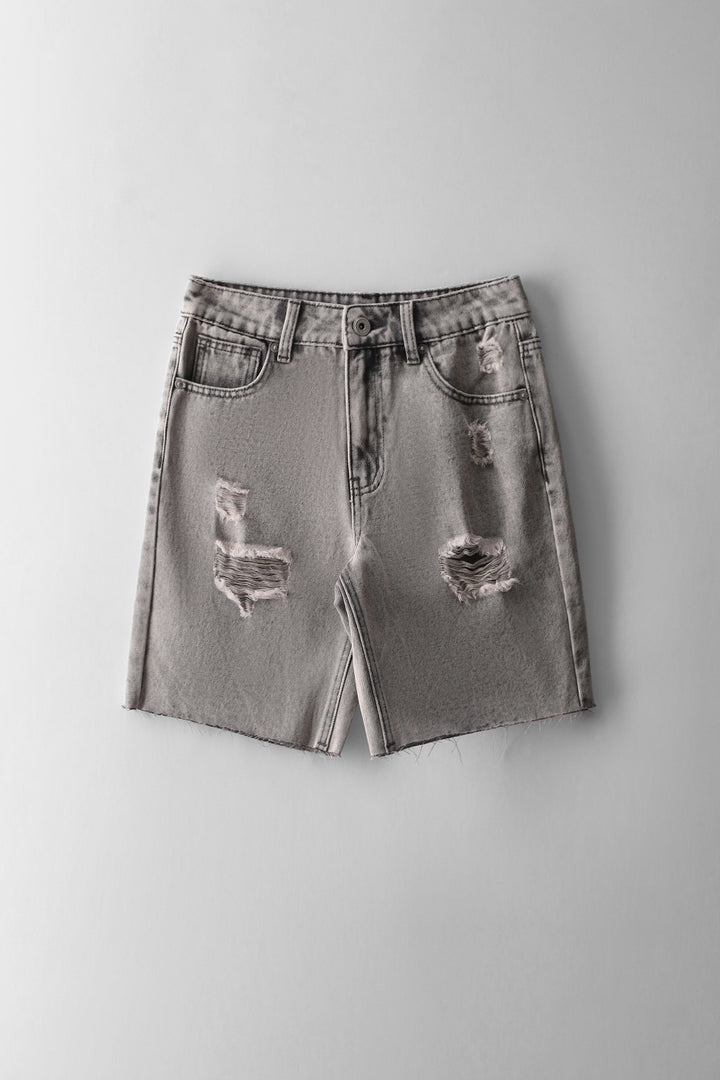 Acid Wash Abrased Denim Short - Grey