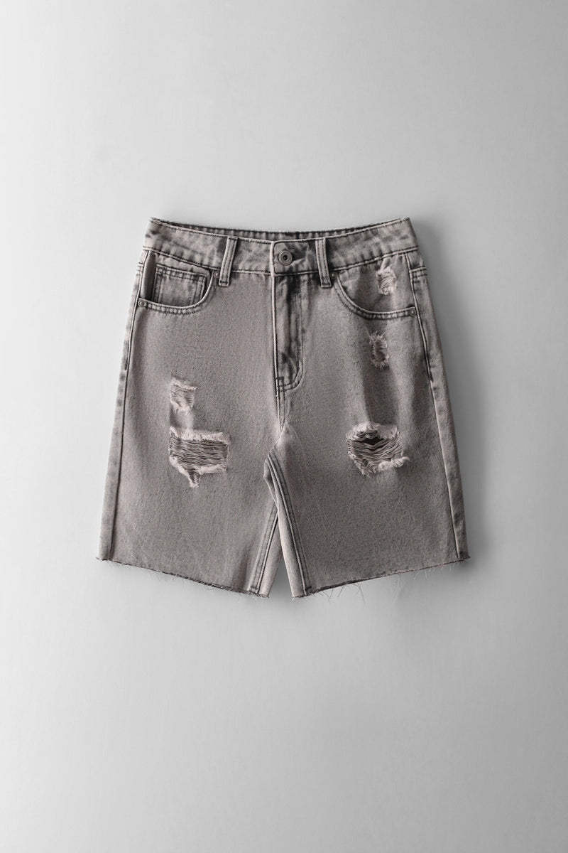 Acid Wash Abrased Denim Short - Grey