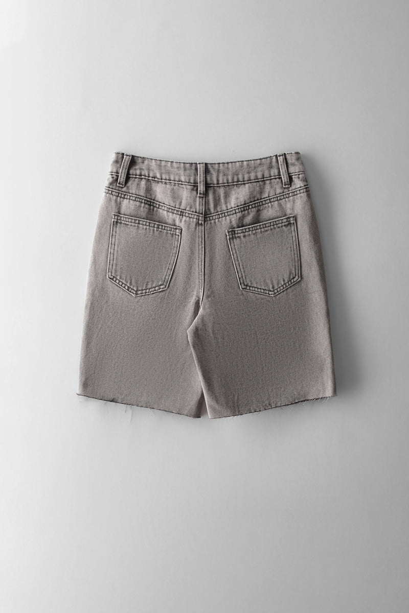 Acid Wash Abrased Denim Short - Grey