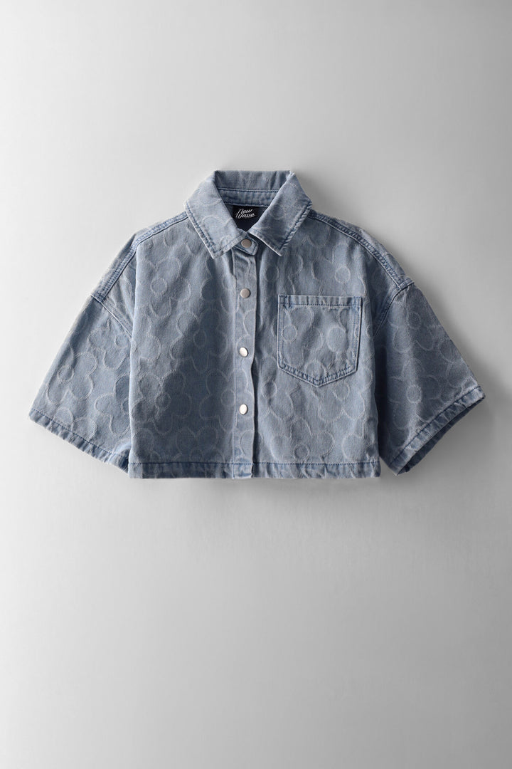 Girls Dobby Floral Denim Shirt - Mid Blue
