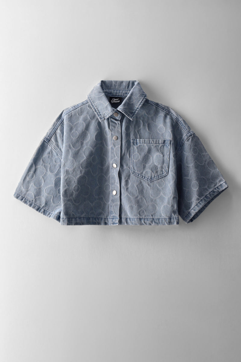Girls Dobby Floral Denim Shirt - Mid Blue
