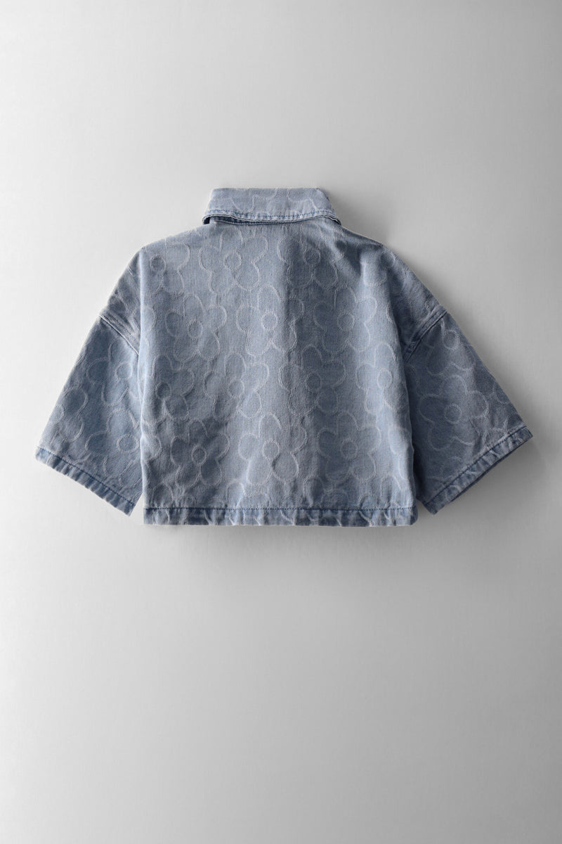 Girls Dobby Floral Denim Shirt - Mid Blue