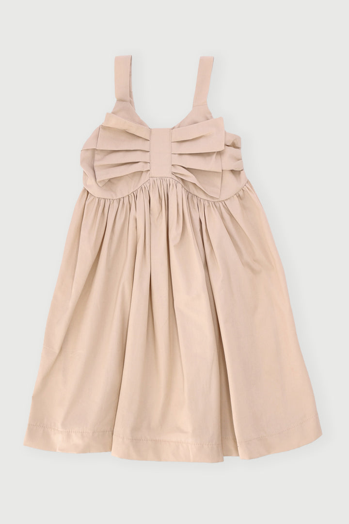 Pre-Girls Big Bow Poplin Dress - Stone