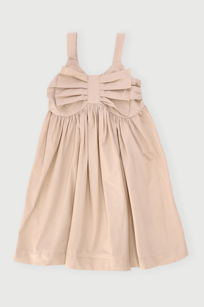 Pre-Girls Big Bow Poplin Dress - Stone