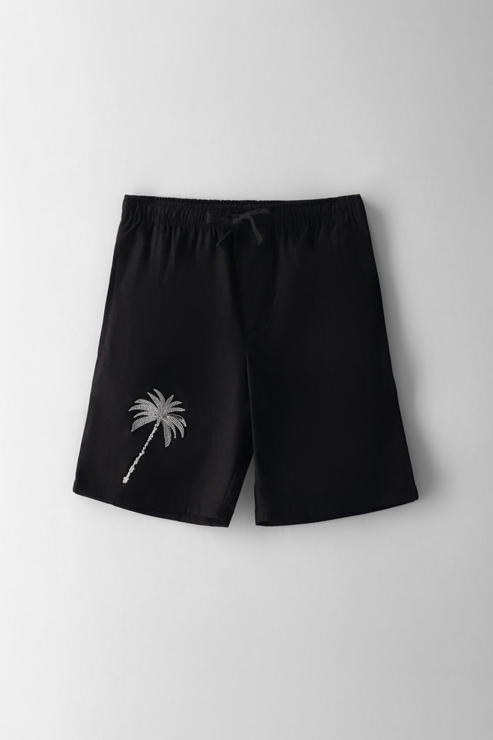 Boys Palm Tree Embroidered Tape Short - Black