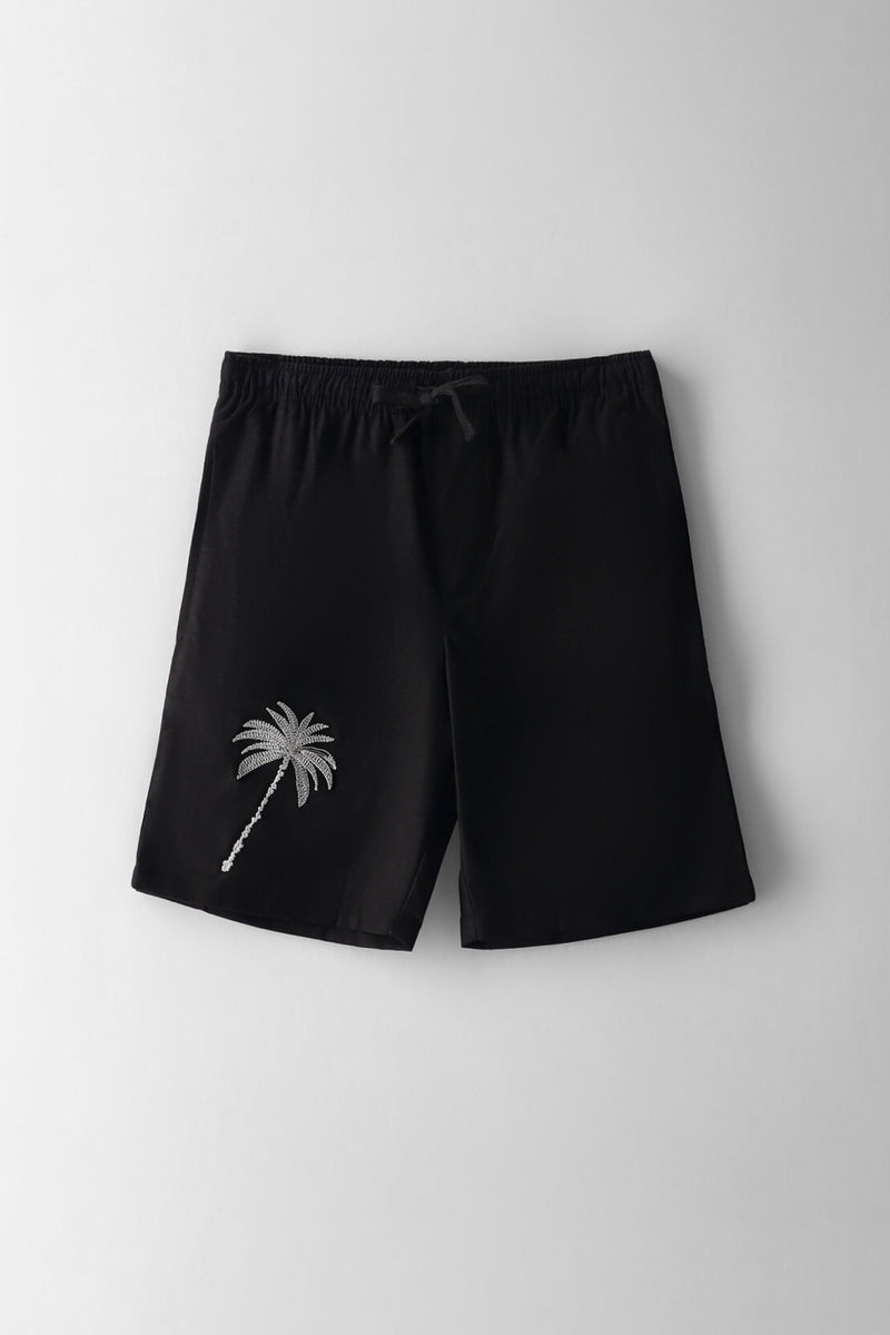Boys Palm Tree Embroidered Tape Short - Black