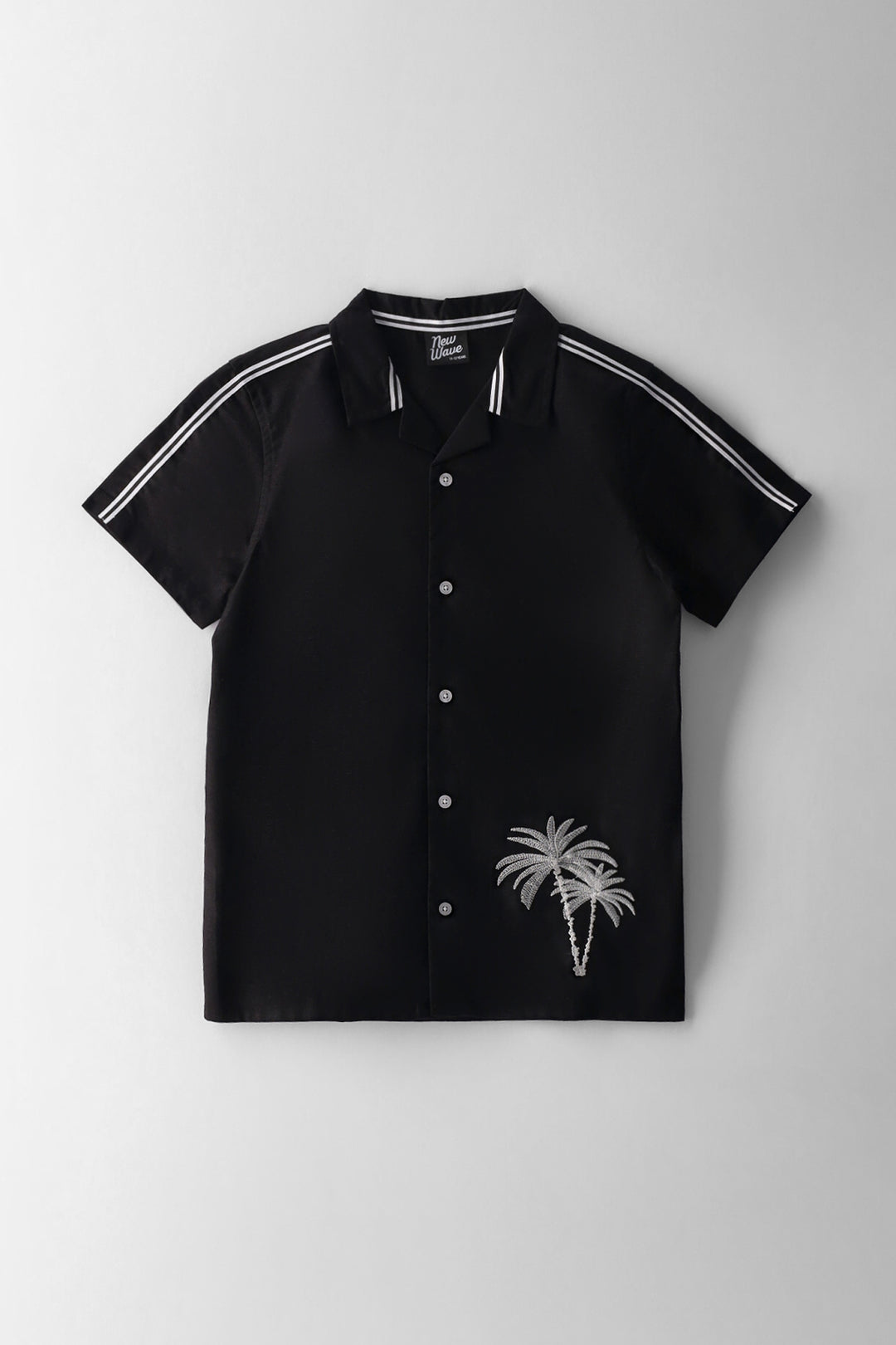 Boys Palm Tree Embroidered Tape Shirt - Black