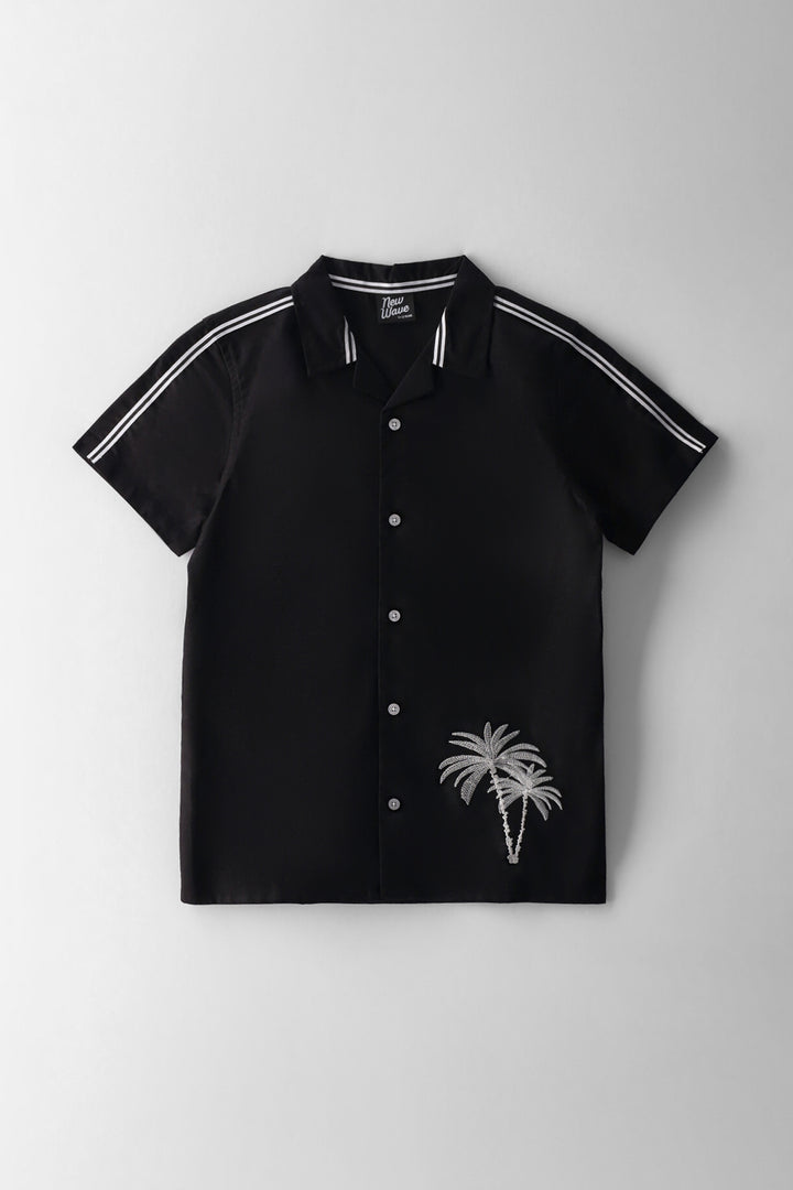 Boys Palm Tree Embroidered Tape Shirt - Black