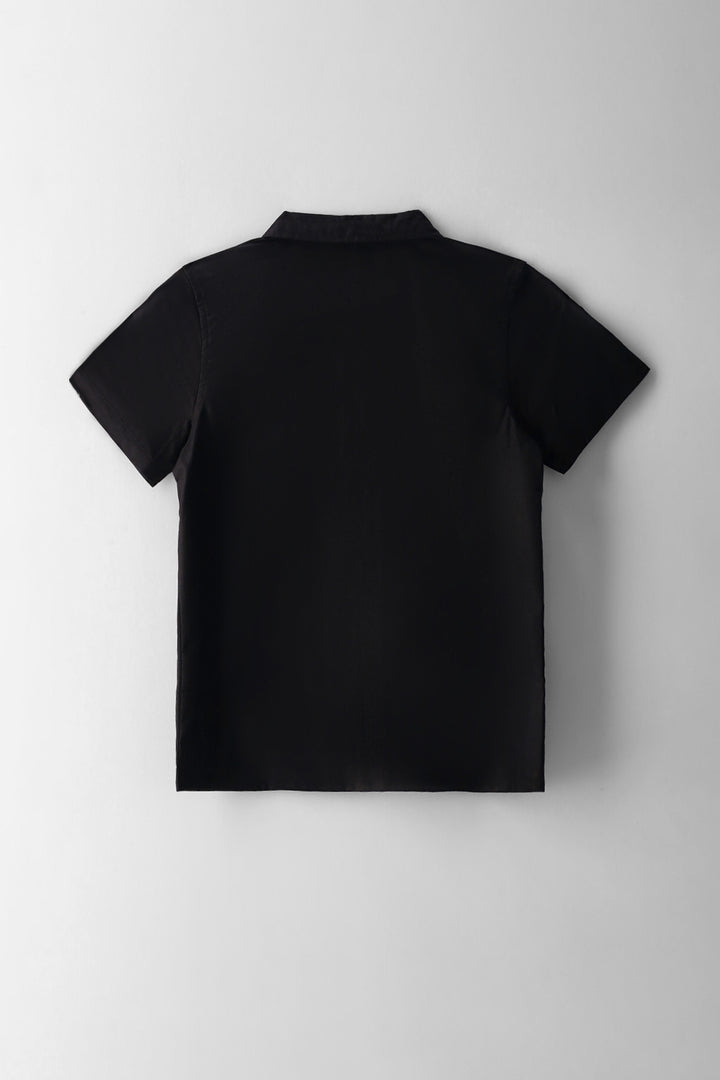 Boys Palm Tree Embroidered Tape Shirt - Black