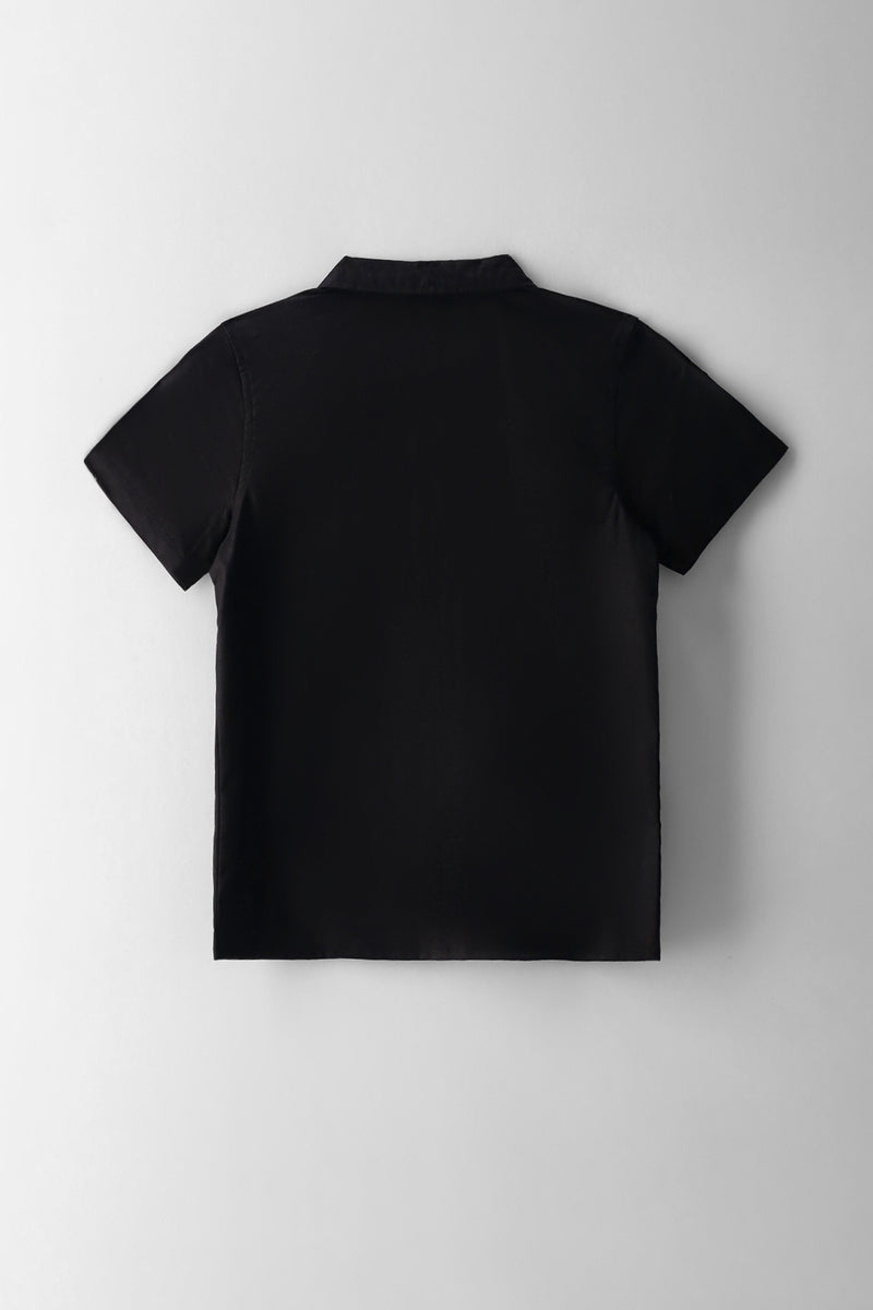 Boys Palm Tree Embroidered Tape Shirt - Black