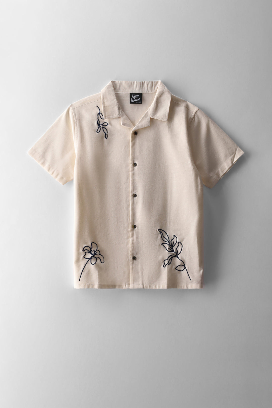 Boys Linen Embroidered Shirt - Ecru/Black