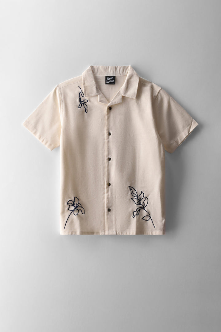 Boys Linen Embroidered Shirt - Ecru/Black