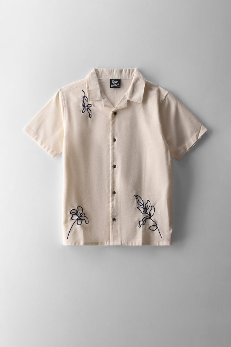 Boys Linen Embroidered Shirt - Ecru/Black
