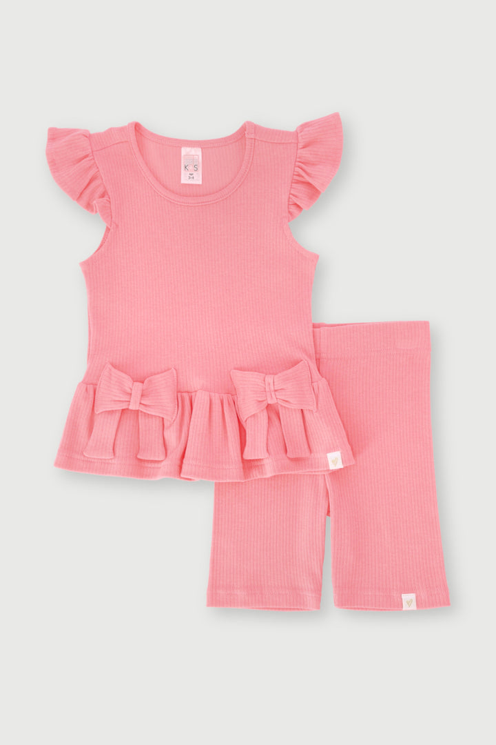 Pre-Girls Bows Rib Knit Set - Pink