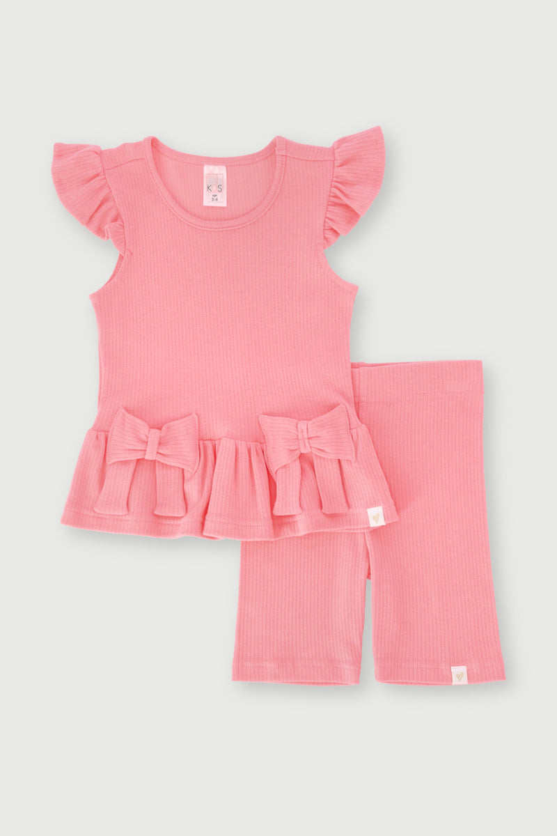 Pre-Girls Bows Rib Knit Set - Pink