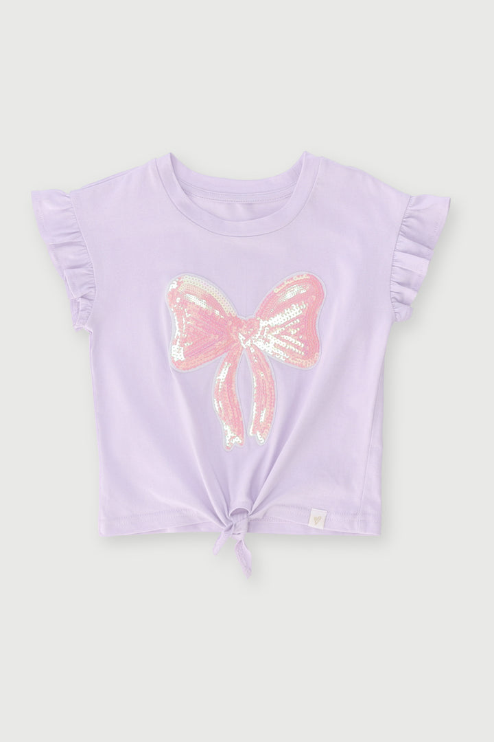 Pre-Girls Frill Tie Sequin Bow Top - Lilac