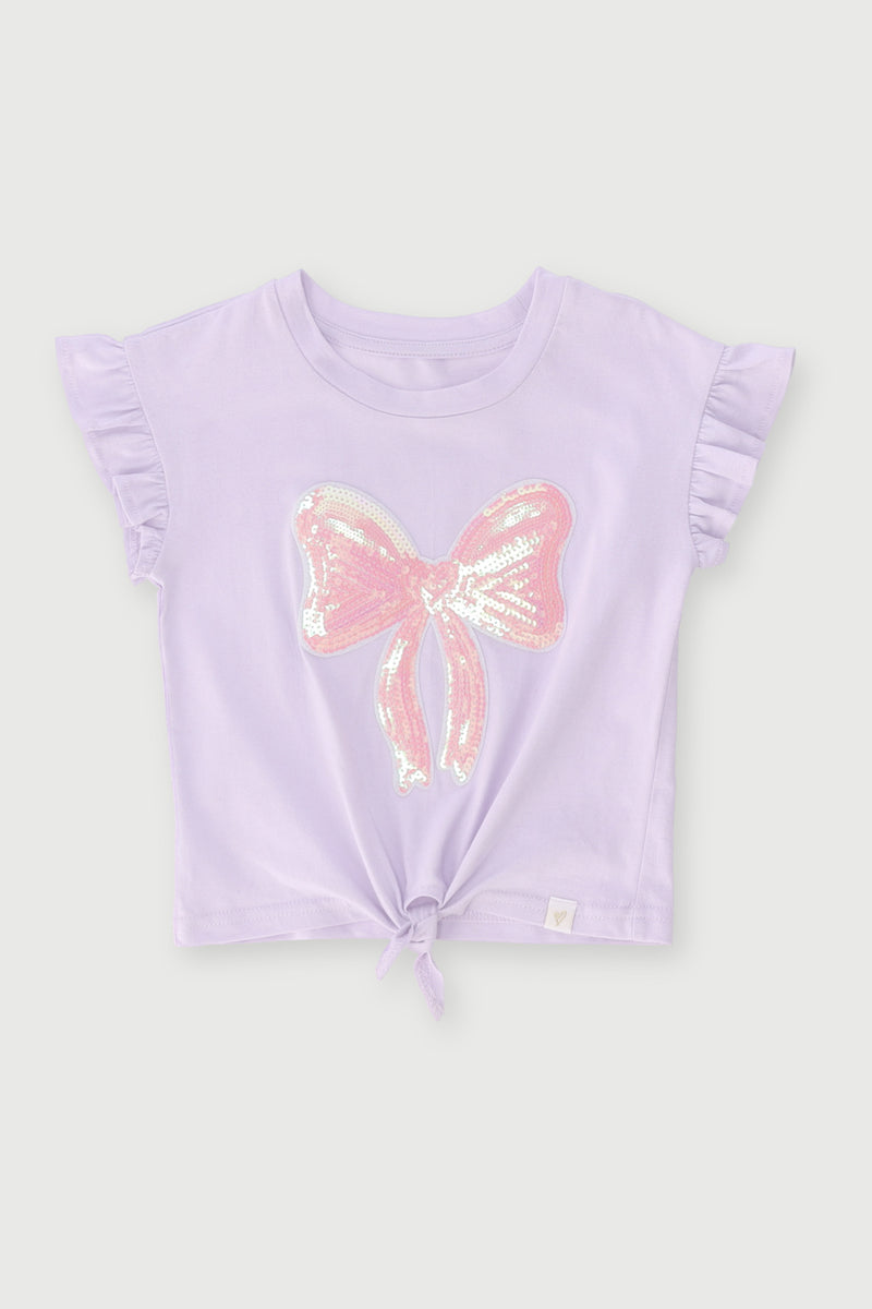 Pre-Girls Frill Tie Sequin Bow Top - Lilac