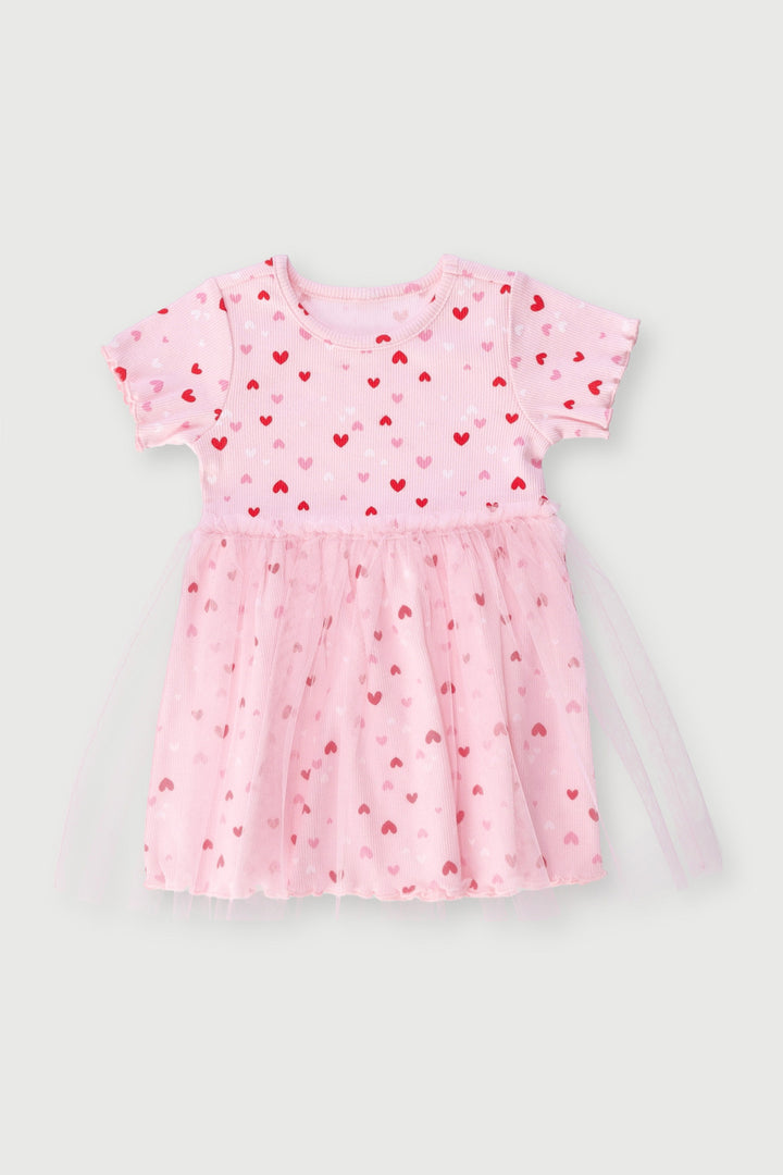 Baby Girls Heart Print Occasion Mesh Dress - Pink