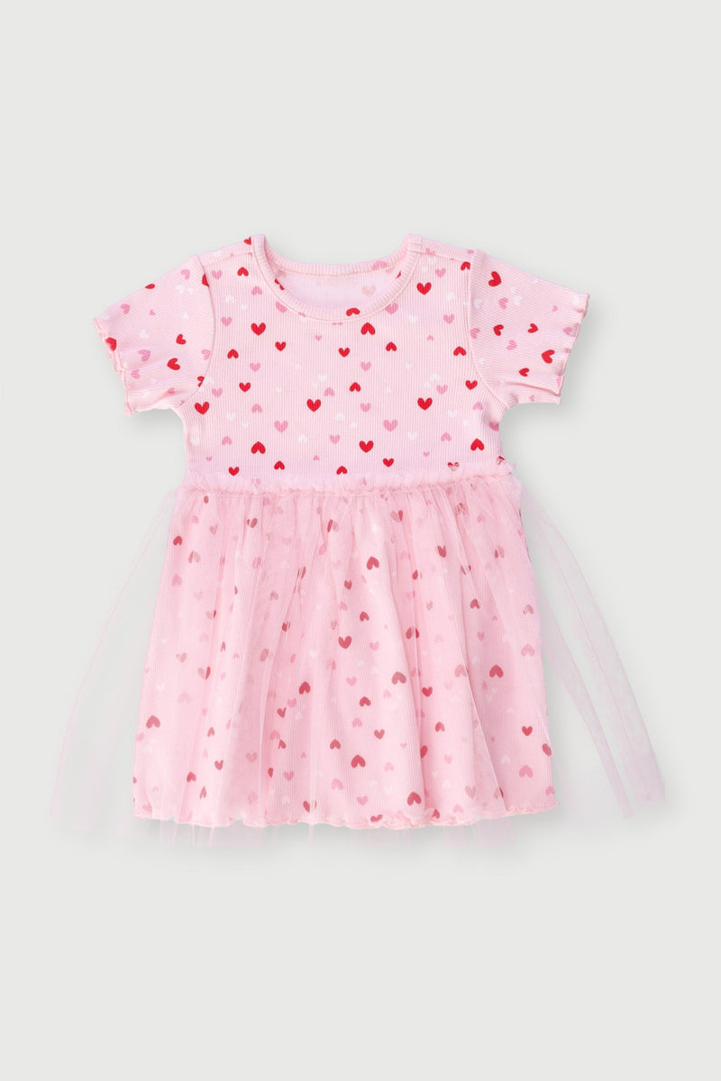 Baby Girls Heart Print Occasion Mesh Dress - Pink