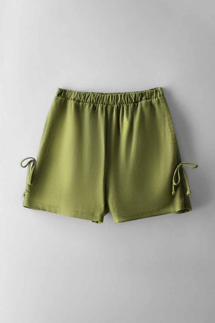 Girls Side Tie Linen Shorts - Fatigue