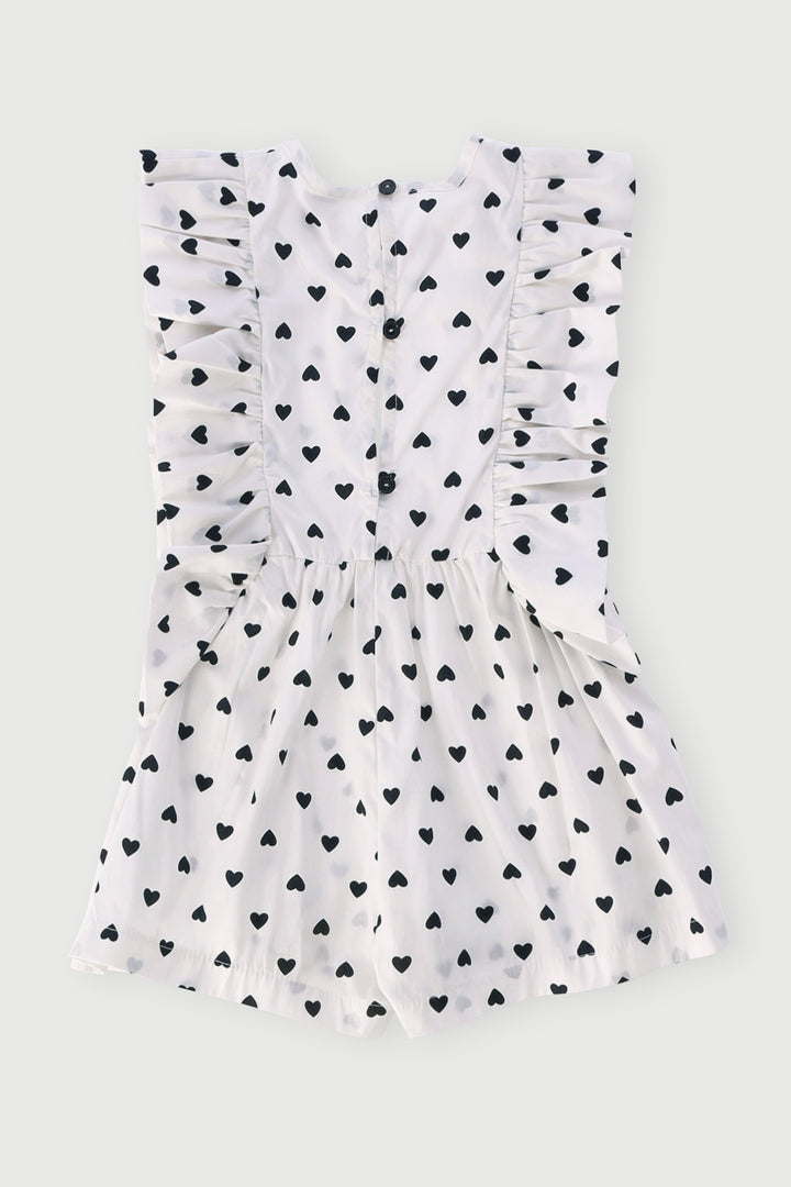 Pre-Girls Hearts Print Frill Jumpsuit - Cream/Black