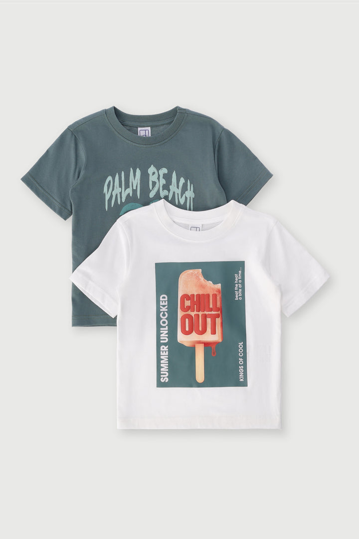 Pre-Boys 2 Pack Summer Palm & Ice Cream Tee - White/Teal
