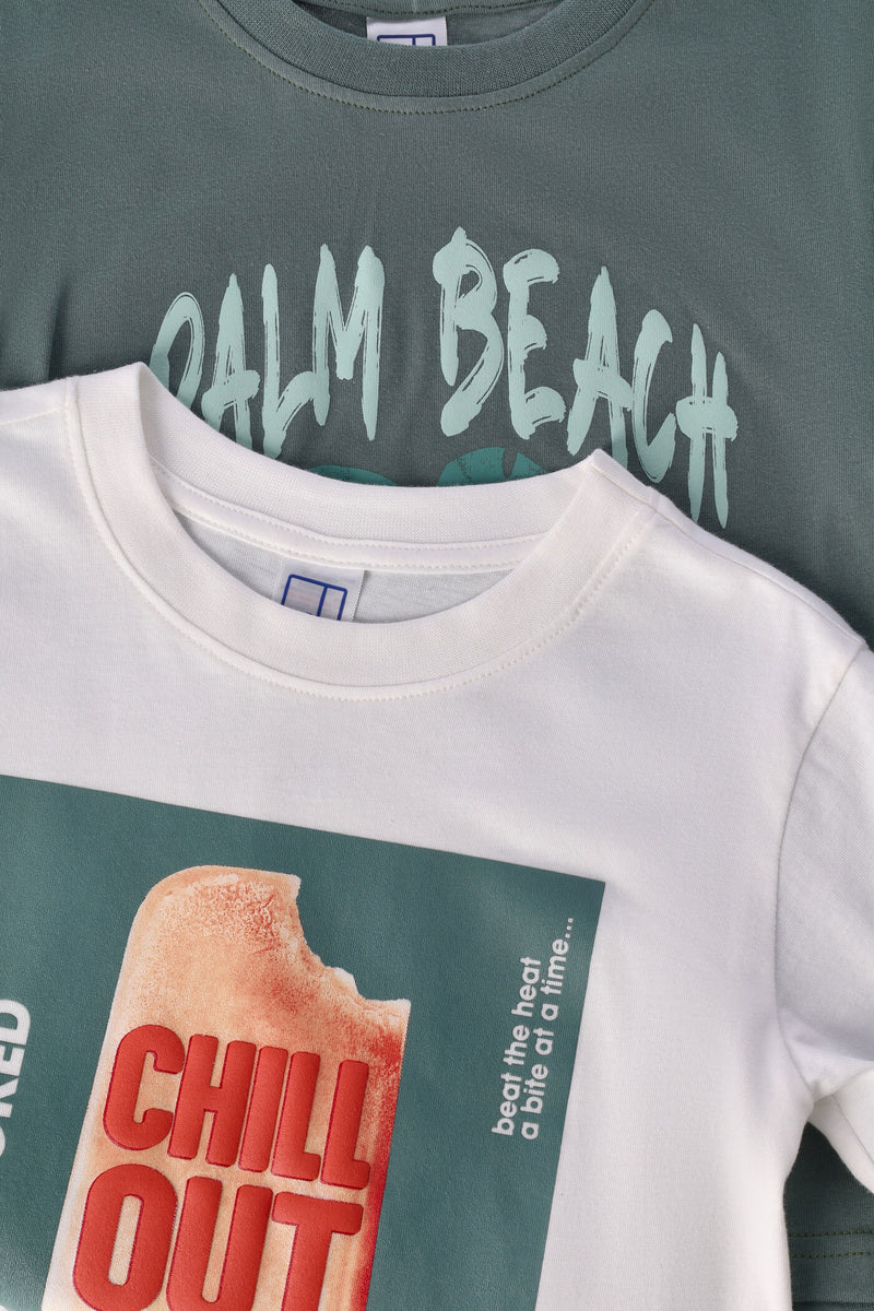 Pre-Boys 2 Pack Summer Palm & Ice Cream Tee - White/Teal