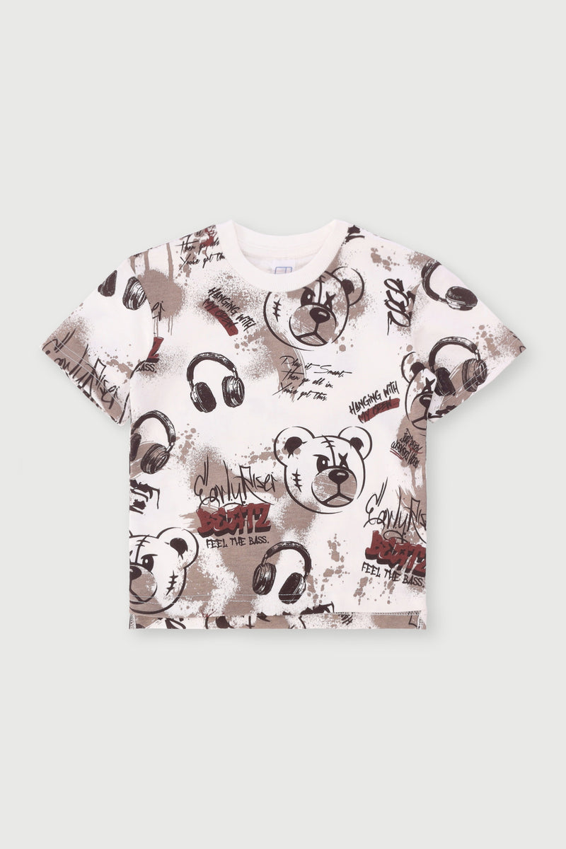 Pre-Boys Graffiti Print Fleece Crew Top - Cream