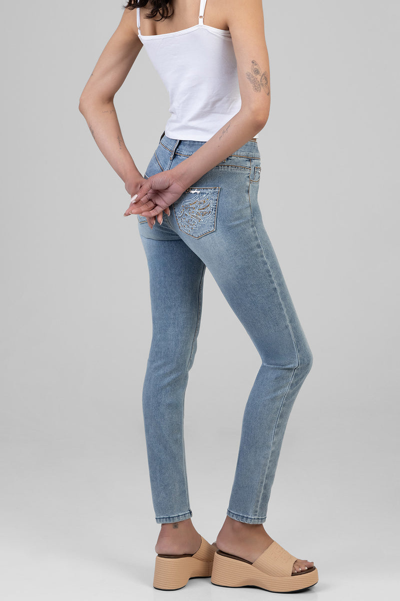 Dannah Mid Waist Back Pocket Embroidery Skinny Denim - Medium Wash