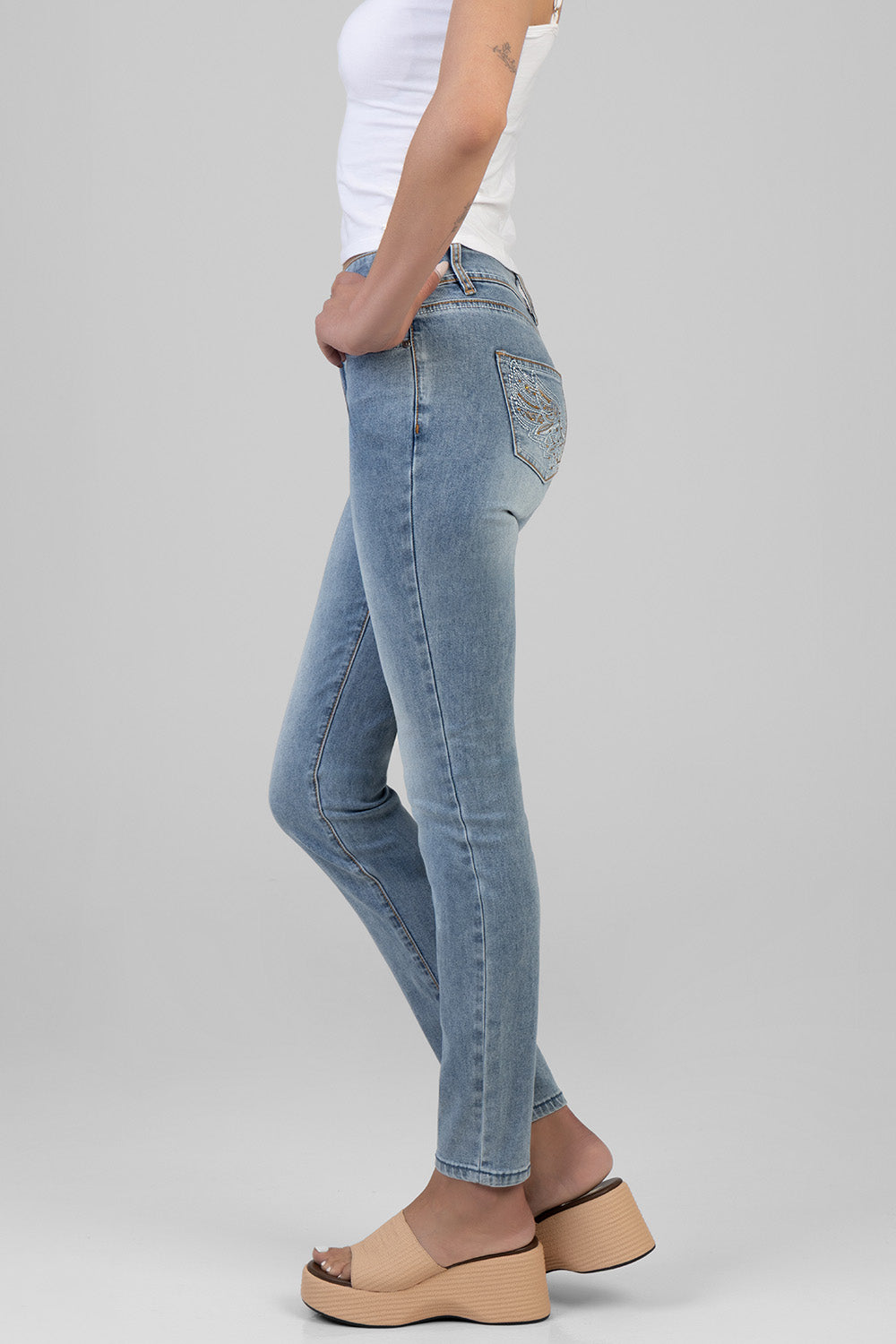 Dannah Mid Waist Back Pocket Embroidery Skinny Denim - Medium Wash