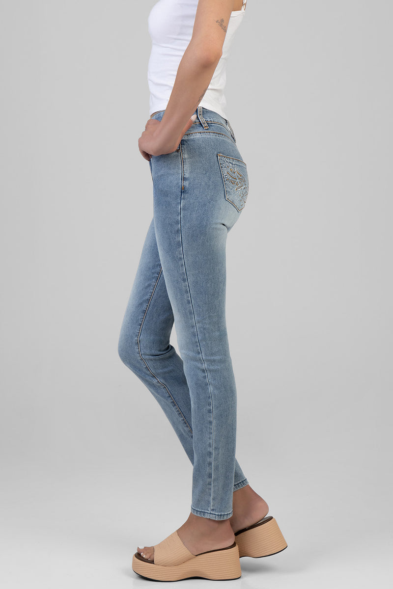 Dannah Mid Waist Back Pocket Embroidery Skinny Denim - Medium Wash