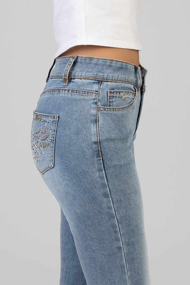 Dannah Mid Waist Back Pocket Embroidery Skinny Denim - Medium Wash
