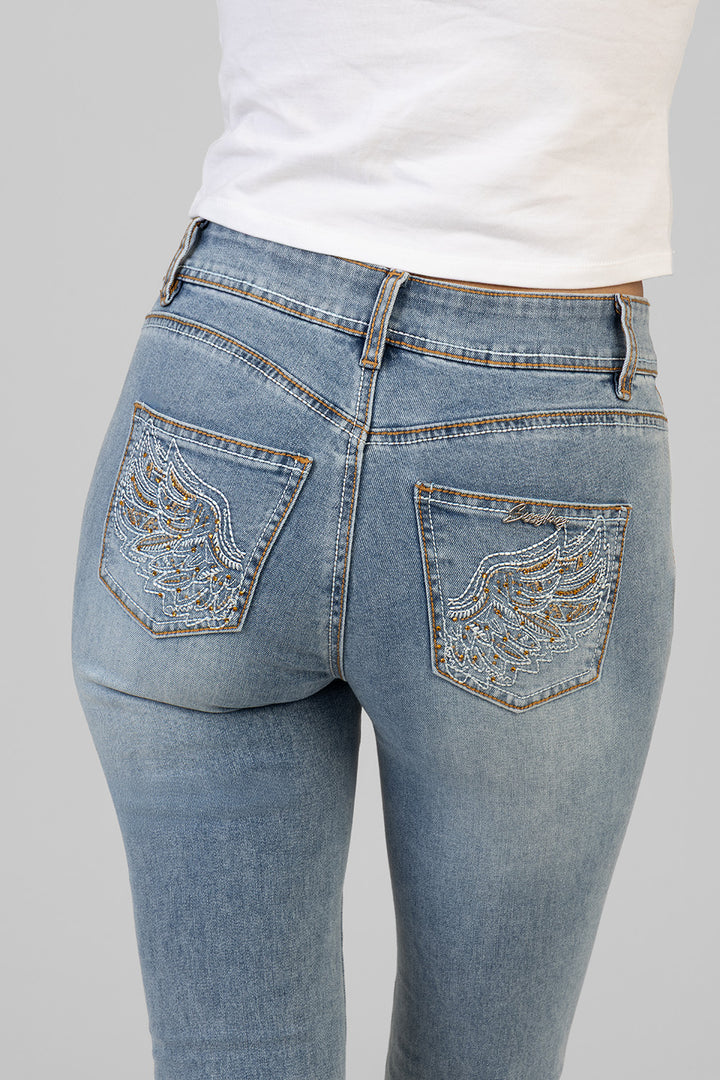 Dannah Mid Waist Back Pocket Embroidery Skinny Denim - Medium Wash