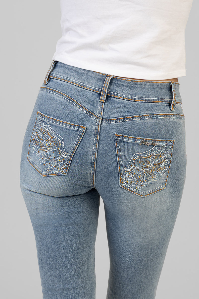Dannah Mid Waist Back Pocket Embroidery Skinny Denim - Medium Wash