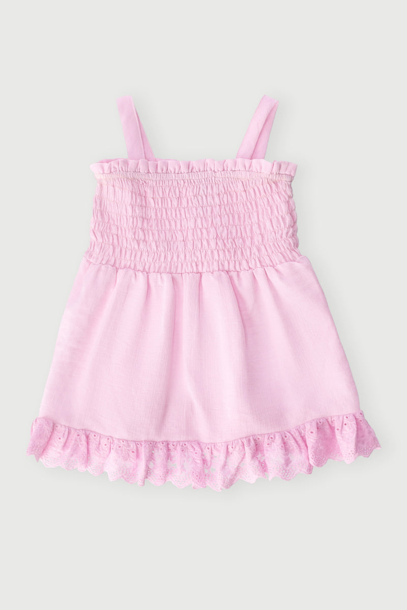 Baby Girls Strappy Shirred Anglaise Dress - Pink