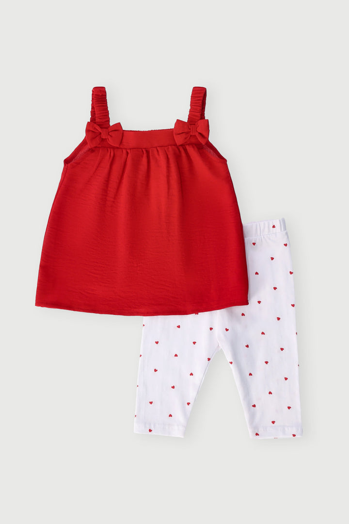 Baby Girls Bow Detail Woven Tunic Set - Red