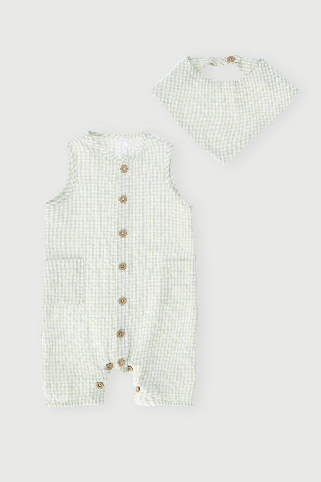 Baby Boys Gingham Woven Romper & Bib Set - Light Fatigue