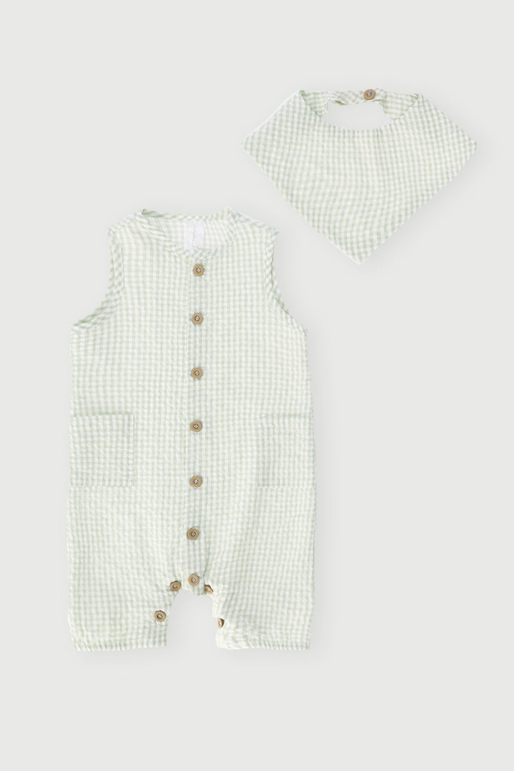 Baby Boys Gingham Woven Romper & Bib Set - Light Fatigue