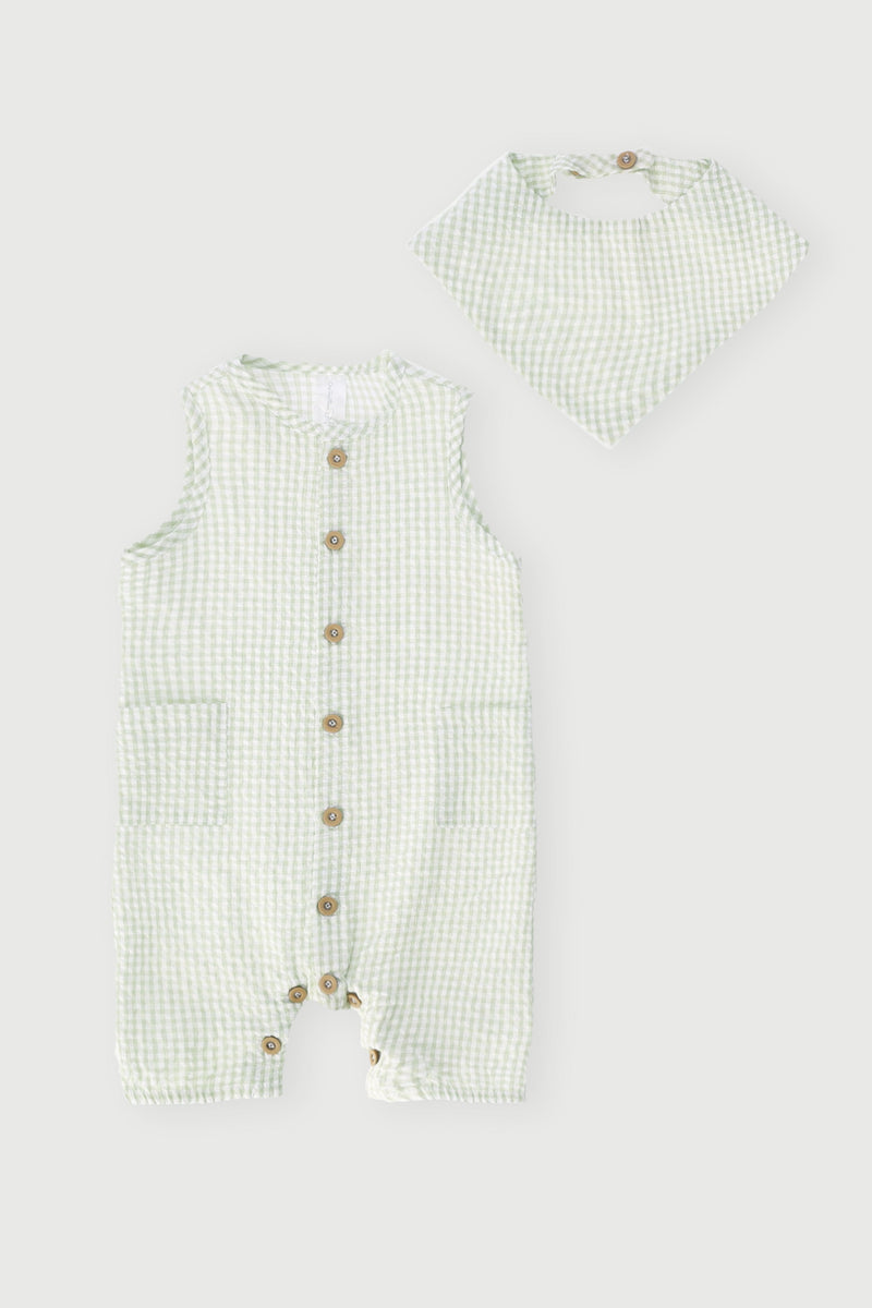 Baby Boys Gingham Woven Romper & Bib Set - Light Fatigue