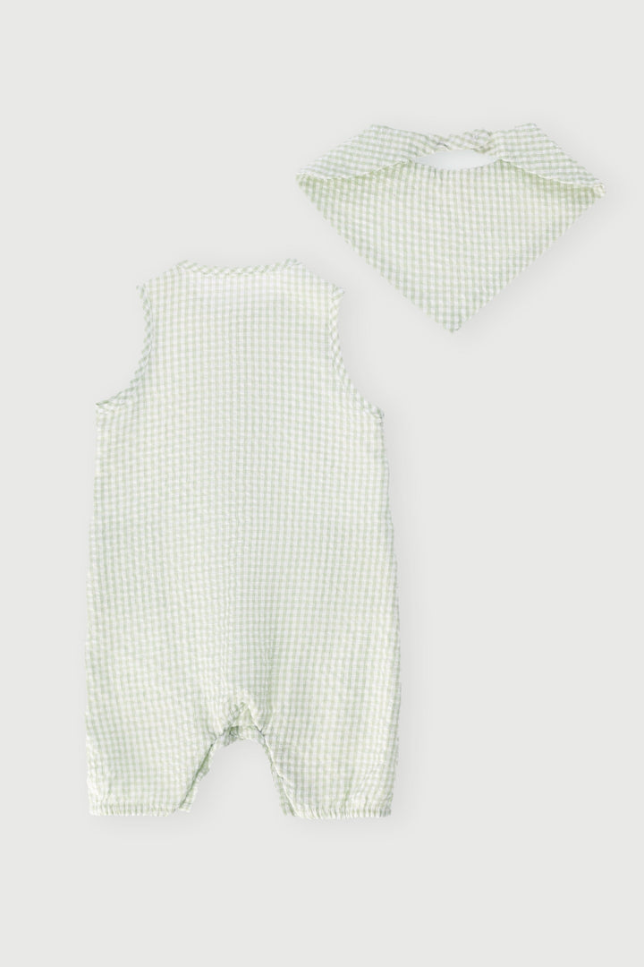 Baby Boys Gingham Woven Romper & Bib Set - Light Fatigue