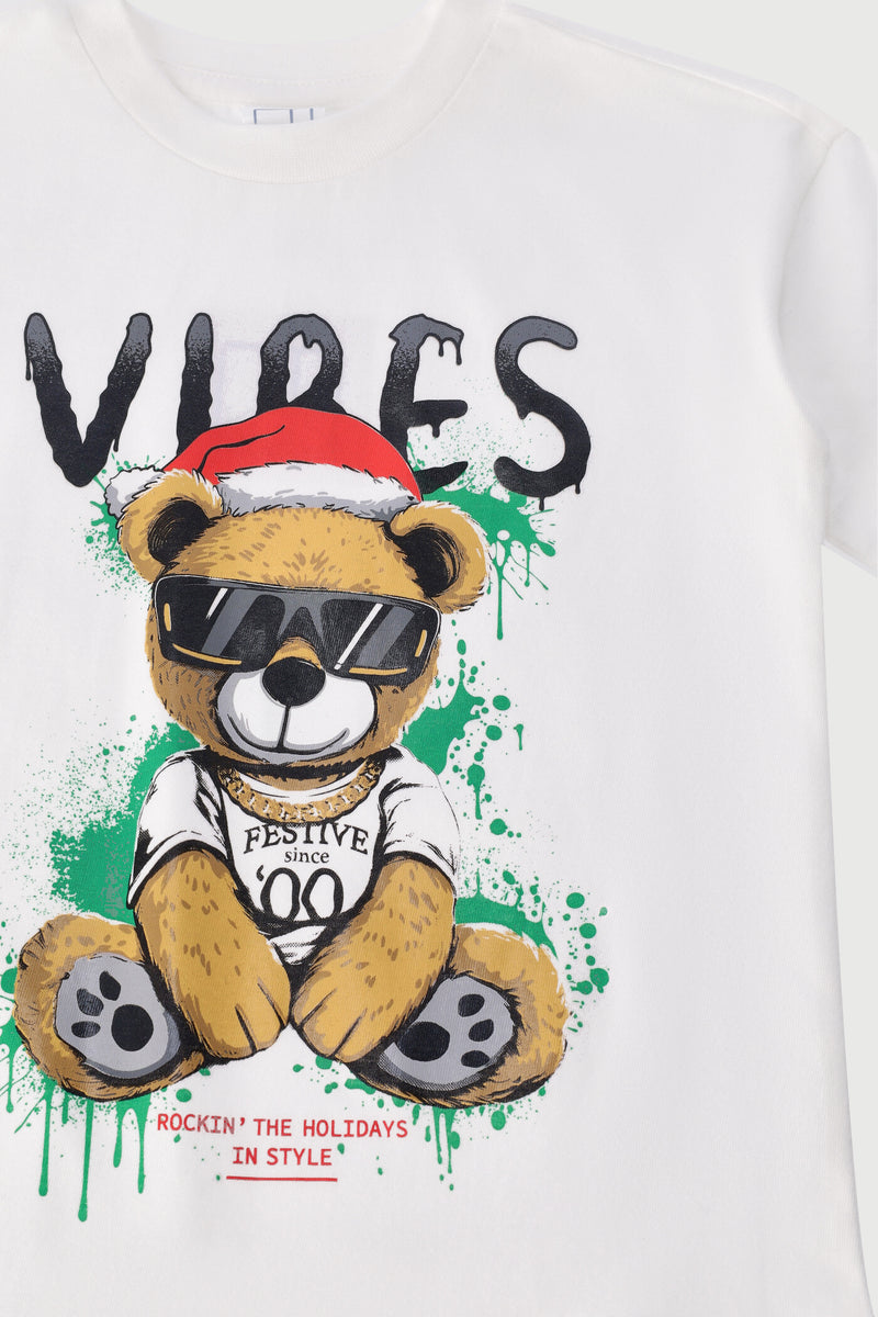 Pre-Boys Christmas Teddy Tee - White