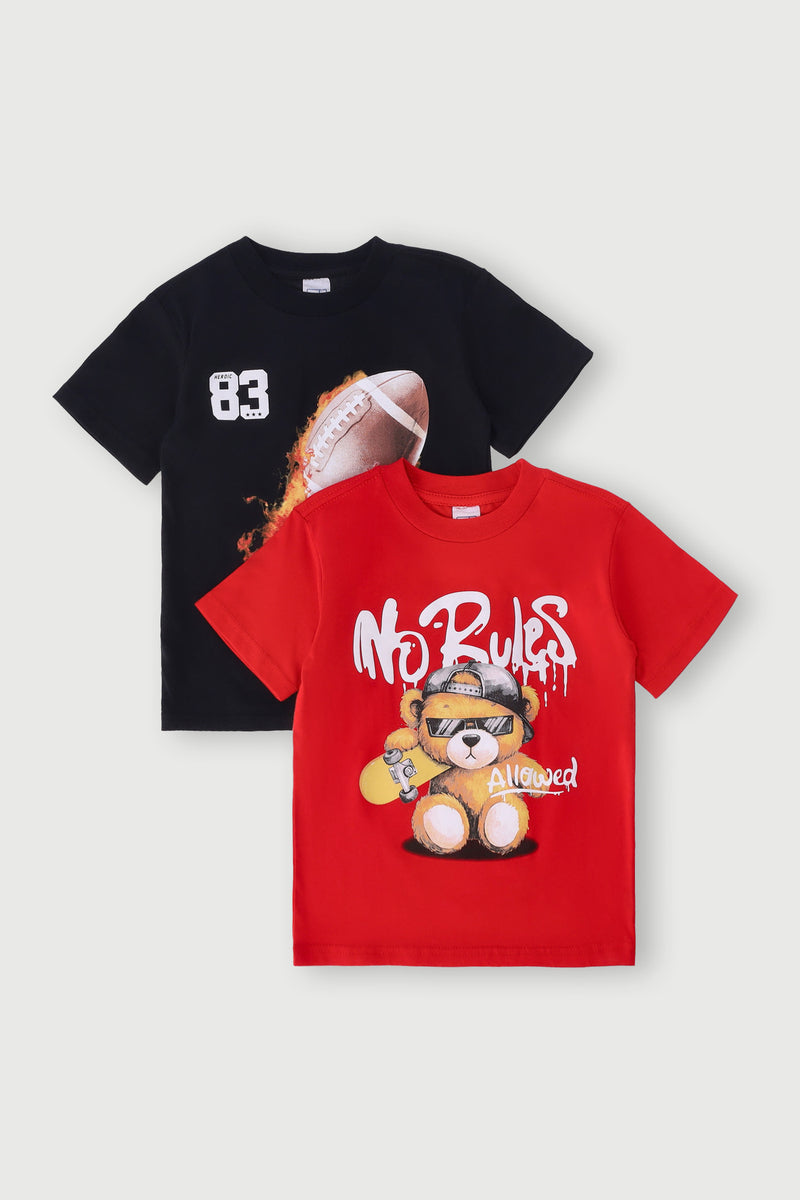 Pre-Boys 2 Pack Teddy Football Tee - Black/Red