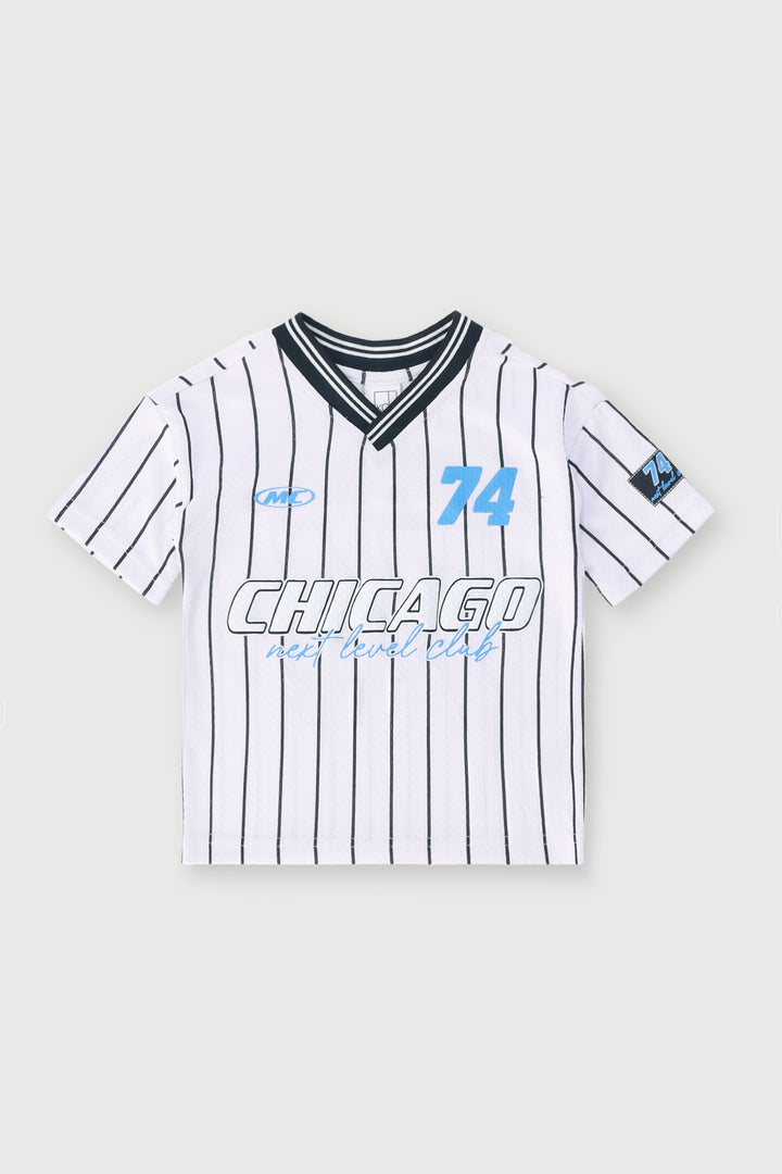 Pre-Boys Striped Jacquard Embroidered Varsity Tee - White/Blue