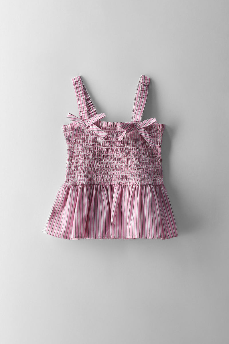 Girls Stripe Elastciated Hem Woven Shirt - Pink