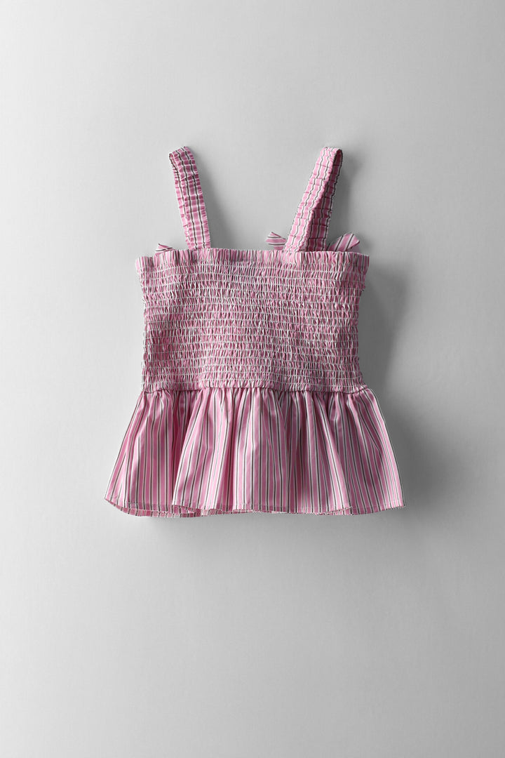 Girls Stripe Elastciated Hem Woven Shirt - Pink