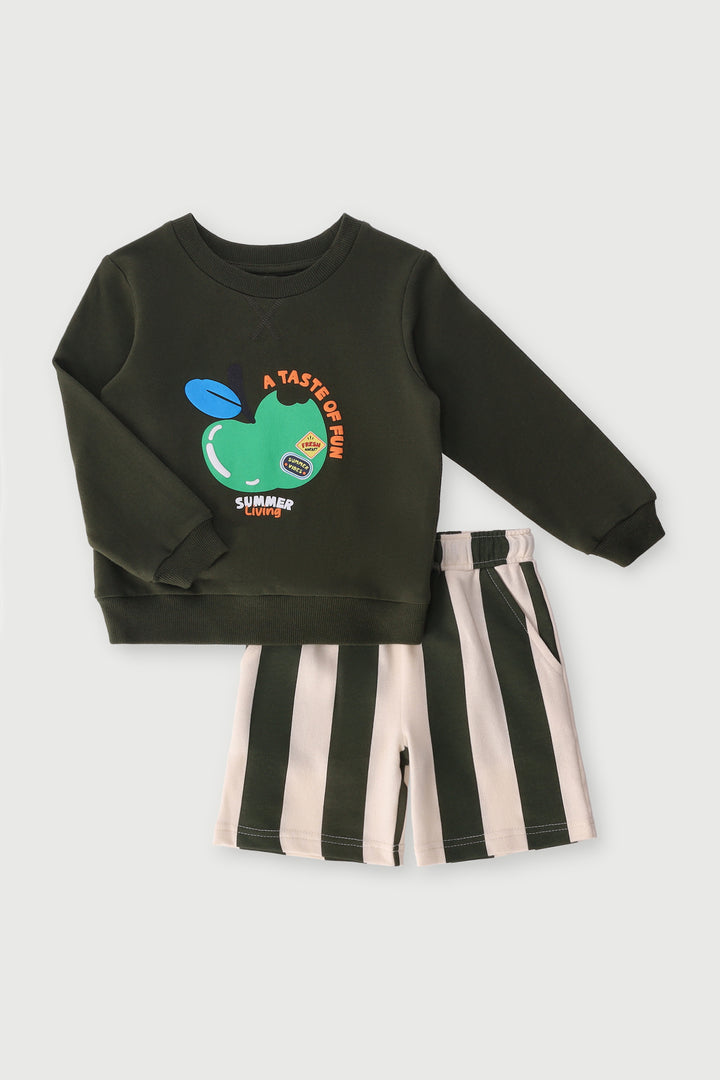Pre-Boys Apple Fleece Crew & Shorts Set - Olive