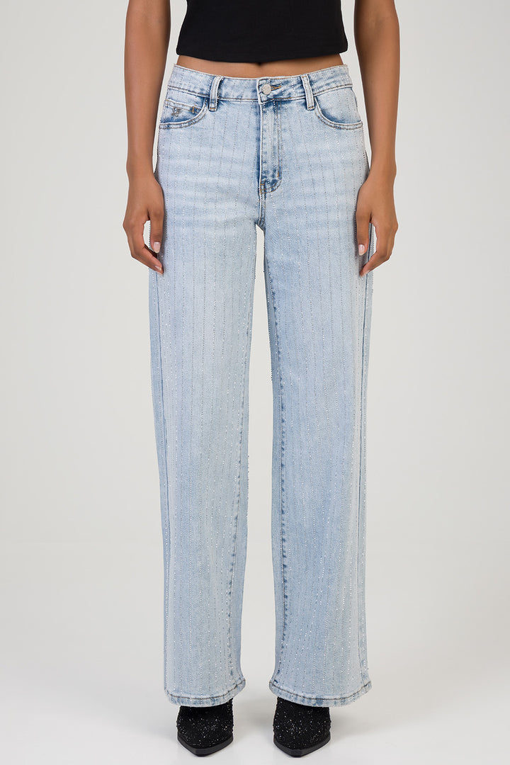 High Waist Wide Leg Denim With All Over Bling - Light Wash