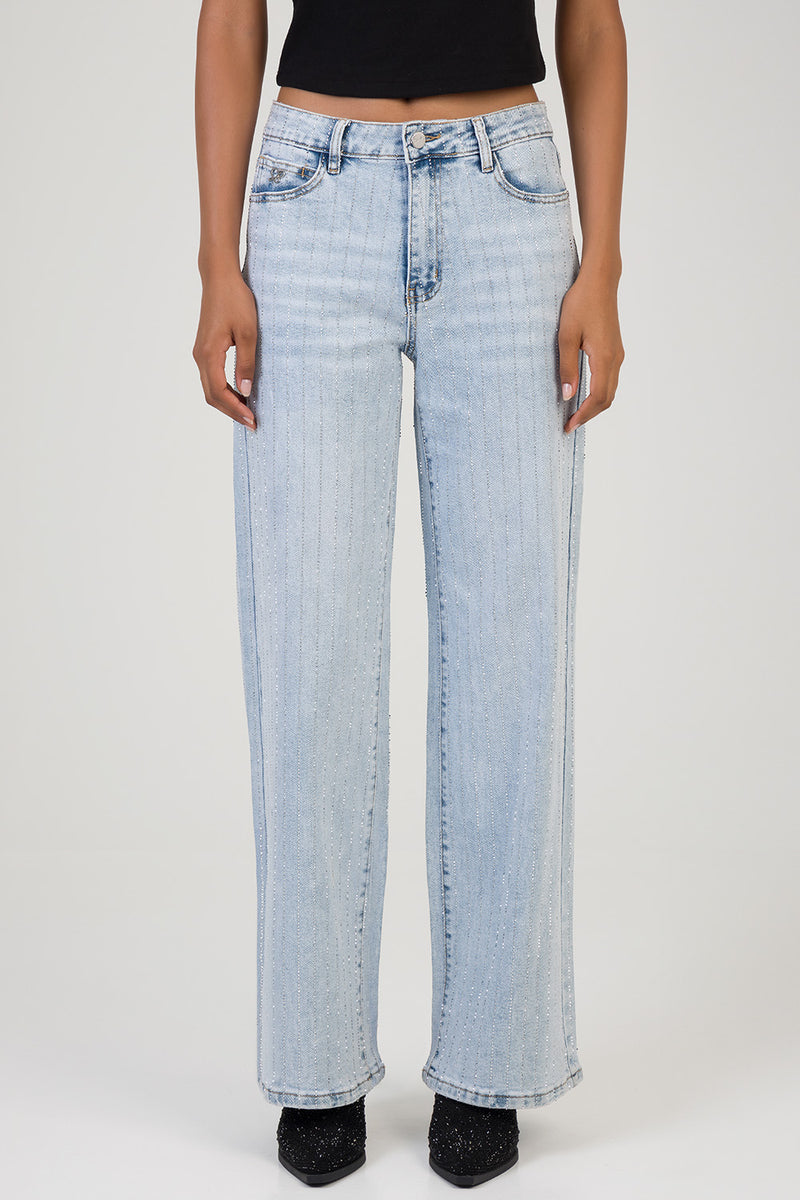 High Waist Wide Leg Denim With All Over Bling - Light Wash